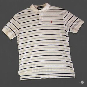 Polo Ralph Lauren Mens XL Polo Shirt White Blue Striped Short Sleeve Cotton Pony